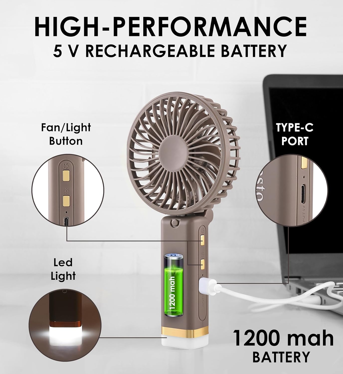 🌟 Gesto Portable Rechargeable Fan with LED Light – 1200mAh Battery (Grey)