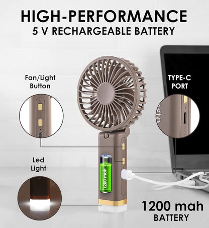 🌟 Gesto Portable Rechargeable Fan with LED Light – 1200mAh Battery (Grey)
