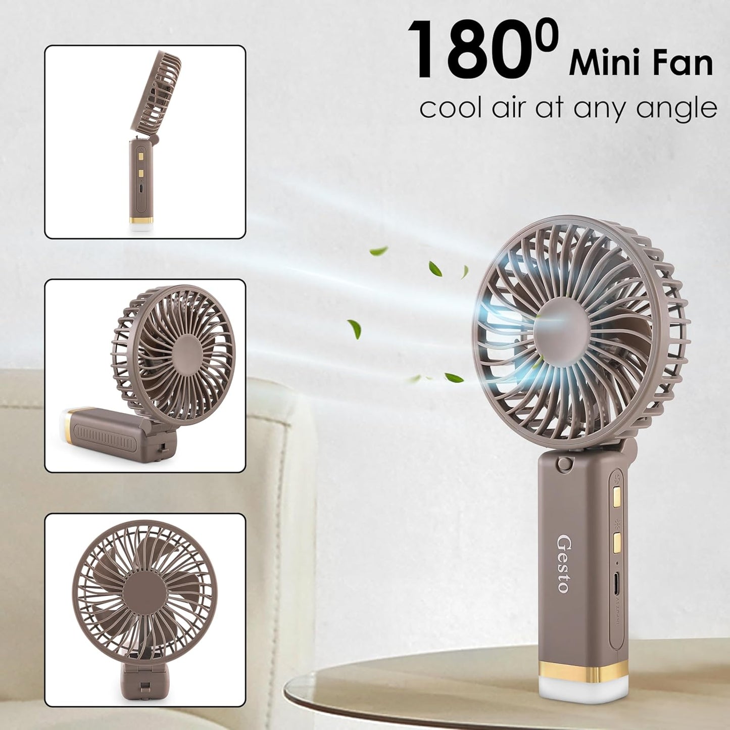 🌟 Gesto Portable Rechargeable Fan with LED Light – 1200mAh Battery (Grey)
